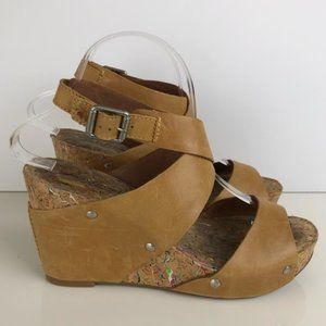 Lucky Brand Leather Strappy Wedge Camel Size 8